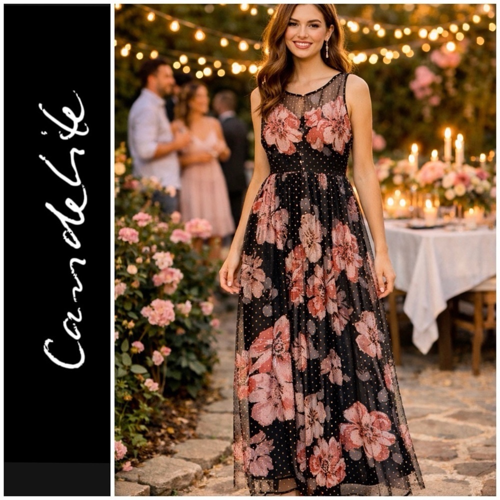 NWT Candelite formal maxi dress, floral peonies, blush pink, gold polka dots S